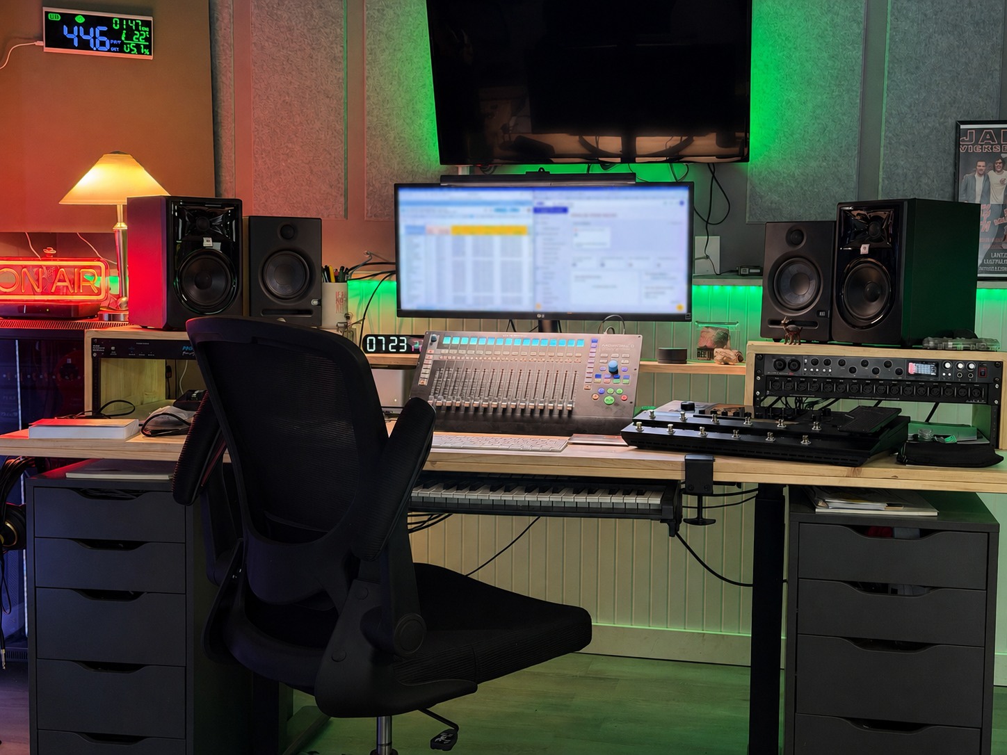 The Rock Quarry studio workstation with recording equipment and a computer screen blurred to protect royalty and catalogue information